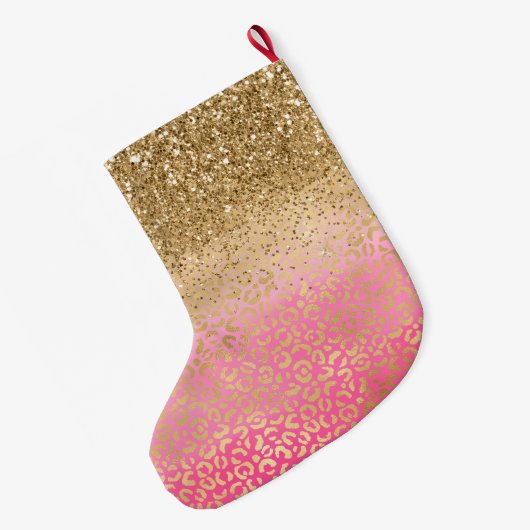 ピンクガーリー水色金ゴールドグリッターヒョウ柄 ラージクリスマスストッキング (裏面 (吊り時))