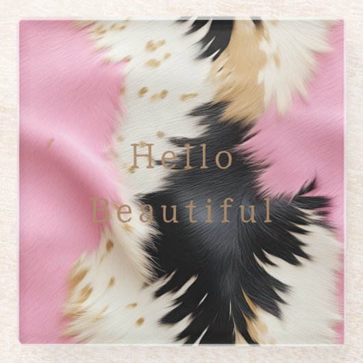 ピンクガーリー白黒金ゴールド牛革 ガラスコースター (正面)