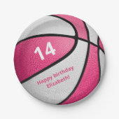 ピンクガーリー色の白いバスケットボール誕生日パーティー ペーパープレート (正面)