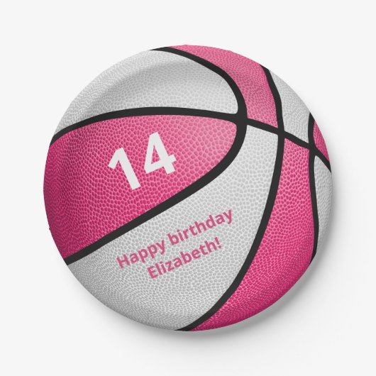 ピンクガーリー色の白いバスケットボール誕生日パーティー ペーパープレート (正面)