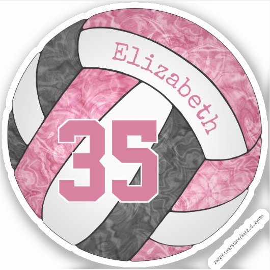 ピンクガーリー色の黒いバレーボールのスクールチームカラー シール (正面)