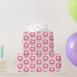 ピンクガーリー赤いハート形お誕生日ケーキ ラッピングペーパー