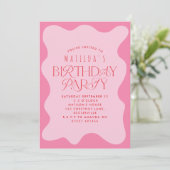 ピンクガーリー赤モダン波型はっきりしたレトロ 招待状 (スタンド正面)