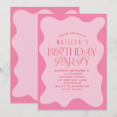 ピンクガーリー赤モダン波型はっきりしたレトロ 招待状 (正面/裏面)