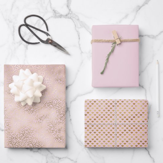 ピンクガーリー赤面金ゴールドグラデーションヒョウ印刷 ラッピングペーパーシート (正面)