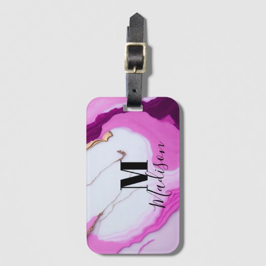 ピンクガーリー金ゴールドは白い大理石モノグラムを滴らせる ラゲッジタグ (正面縦)