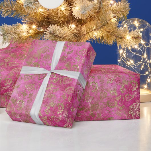 ピンクガーリー金ゴールドグラムフローラ ラッピングペーパー (クリスマス)