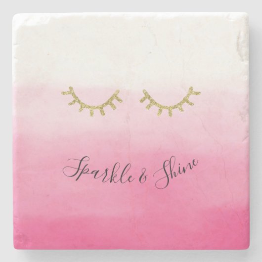 ピンクガーリー金ゴールドグリッターまつげ ストーンコースター (正面)