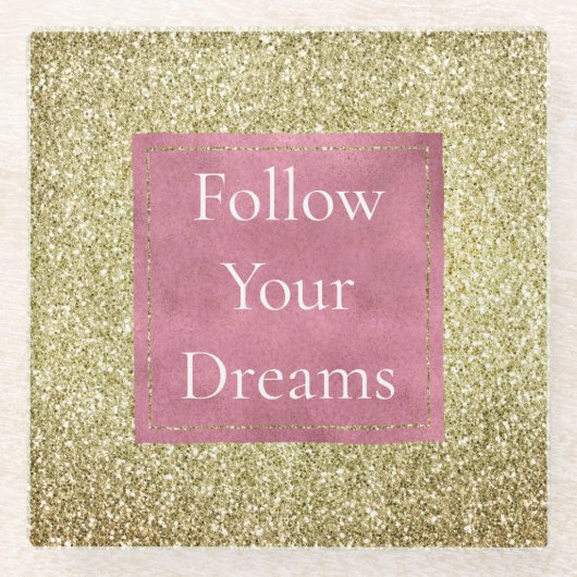 ピンクガーリー金ゴールドグリッタースパークルグリッツ ガラスコースター (正面)