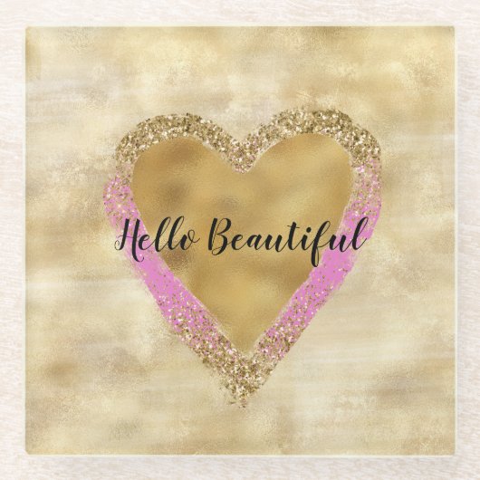 ピンクガーリー金ゴールドグリッターハート ガラスコースター (正面)