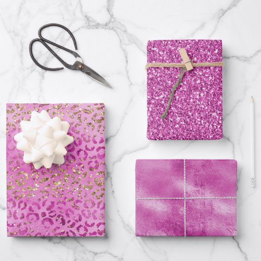 ピンクガーリー金ゴールドグリッターヒョウ印刷グリッツ ラッピングペーパーシート (正面)