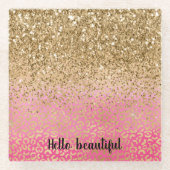 ピンクガーリー金ゴールドグリッターヒョウ印刷 ガラスコースター (正面)