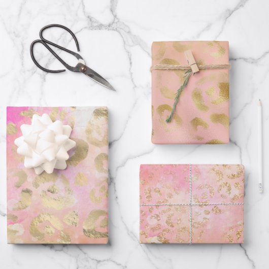 ピンクガーリー金ゴールドグリッターレオパードプリント ラッピングペーパーシート (正面)