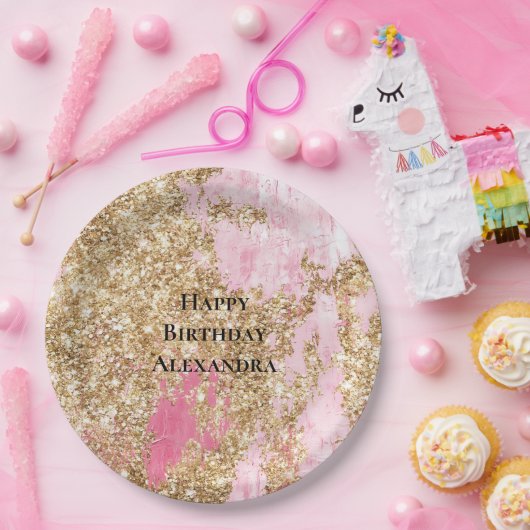 ピンクガーリー金ゴールドグリッター誕生日 ペーパープレート (パーティー)