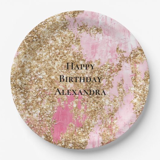 ピンクガーリー金ゴールドグリッター誕生日 ペーパープレート (正面)
