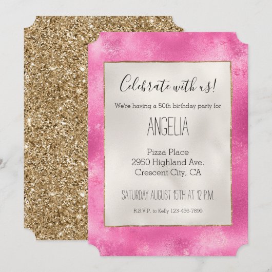 ピンクガーリー金ゴールドグリッター 招待状 (正面/裏面)