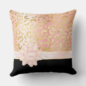 ピンクガーリー金ゴールドヒョウ黒淡い色のピンクリボン クッション (裏面)