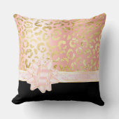 ピンクガーリー金ゴールドヒョウ黒淡い色のピンクリボン クッション (正面)