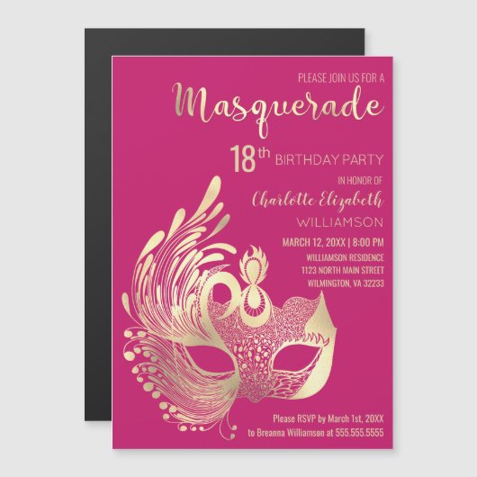 ピンクガーリー金ゴールド仮装18thバースデーパーティー マグネット招待状 (正面/裏面)