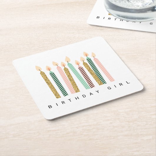 ピンクガーリー金ゴールド誕生日ハッピーバースデープリティガール スクエアペーパーコースター (アングル)