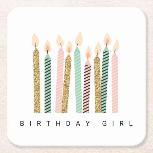 ピンクガーリー金ゴールド誕生日ハッピーバースデープリティガール スクエアペーパーコースター (正面)