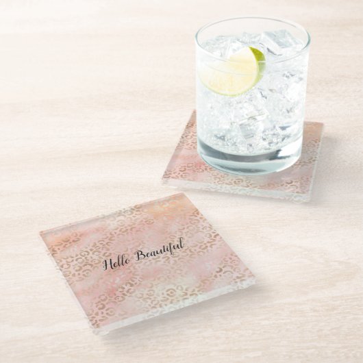 ピンクガーリー金ゴールド赤面ヒョウ印刷コースター ガラスコースター (アングル)