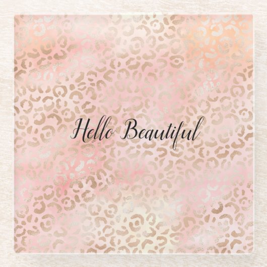 ピンクガーリー金ゴールド赤面ヒョウ印刷コースター ガラスコースター (正面)