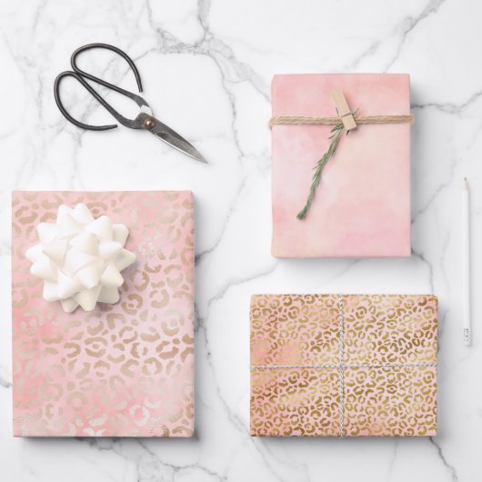 ピンクガーリー金ゴールド赤面ヒョウ印刷ピンク ラッピングペーパーシート (正面)