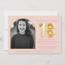 ピンクガーリー18誕生日金ゴールドバルーン紙吹雪 招待状