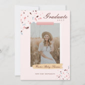 ピンクガーリー&ブルーのテラゾ写真卒業 招待状 (正面)