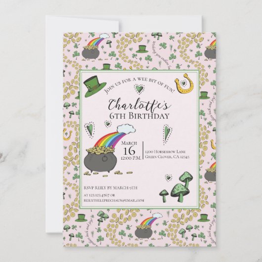 ピンクガーリーSt patricks day子供の誕生日 招待状 (正面)