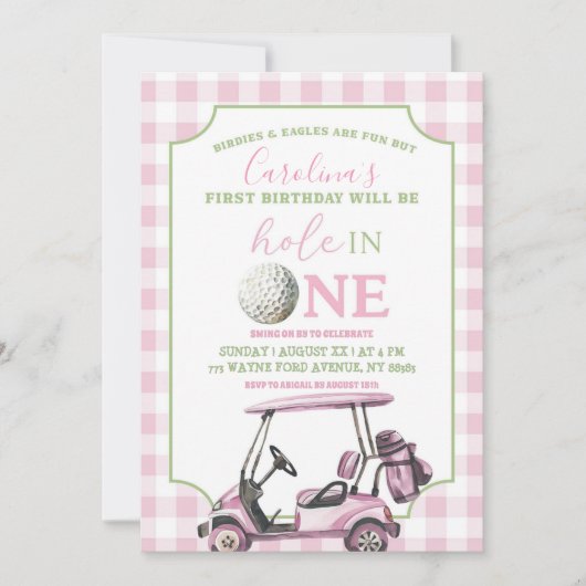 ピンクガールのプレッピーなゴルフホールインワン・ファースト・バースデー 招待状 (正面)