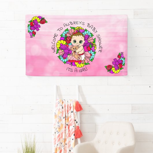 ピンクガールの赤ちゃんシャワー白人ベビー お洒落 横断幕 (インサイチュ)