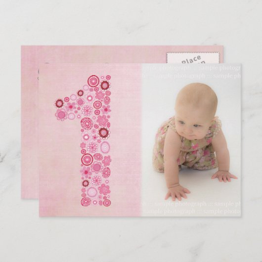 ピンクガールの1歳の誕生日ありがとう写真はがき ポストカード (正面/裏面)