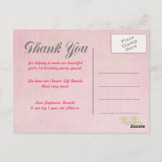 ピンクガールの1歳の誕生日ありがとう写真はがき ポストカード (裏面)