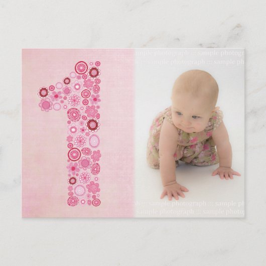 ピンクガールの1歳の誕生日ありがとう写真はがき ポストカード (正面)