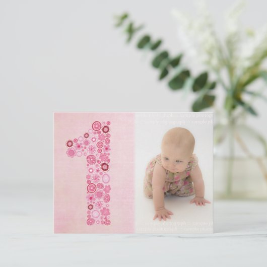 ピンクガールの1歳の誕生日ありがとう写真はがき ポストカード (スタンド正面)