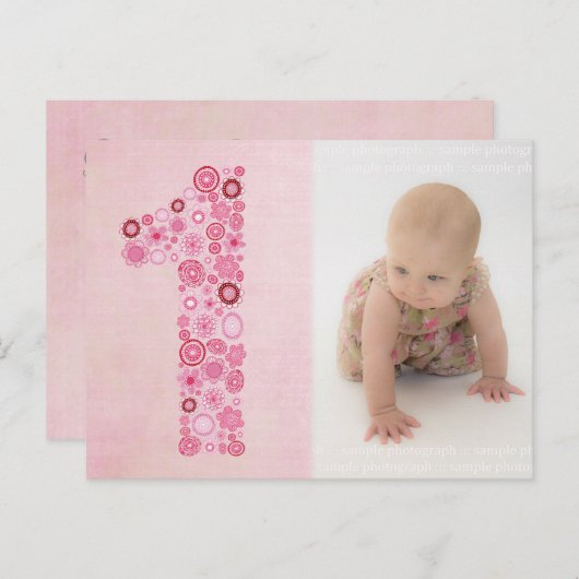 ピンクガールの1歳の誕生日ありがとう写真はがき ポストカード (正面/裏面)