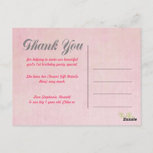 ピンクガールの1歳の誕生日ありがとう写真はがき ポストカード (裏面)