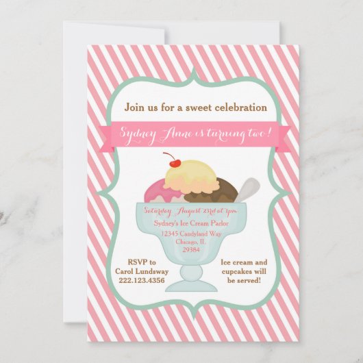 ピンクガールアイスクリームパーティの招待状 招待状 (正面)
