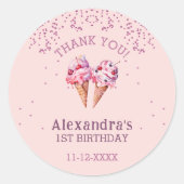 ピンクガールアイスクリーム1st誕生日ありがとう ラウンドシール (正面)