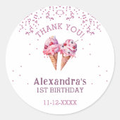 ピンクガールアイスクリーム1st誕生日ありがとう ラウンドシール (正面)