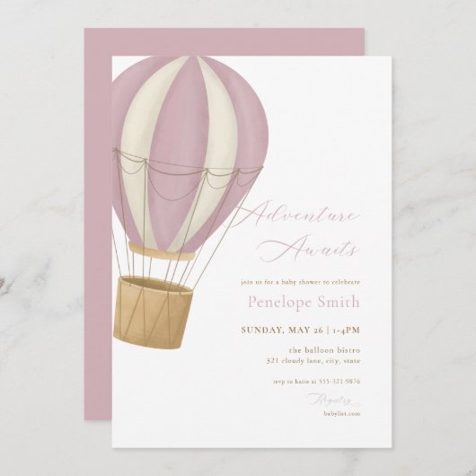 ピンクガールアドベンチャーアウェイズベビーシャワー招待状 招待状 (正面/裏面)