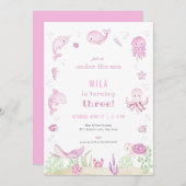 ピンクガールアンダーザシー誕生日招待状 招待状 (正面/裏面)