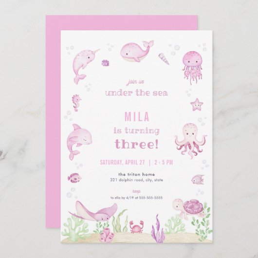 ピンクガールアンダーザシー誕生日招待状 招待状 (正面/裏面)