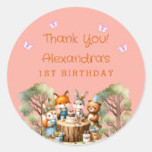 ピンクガールウッドランド動物1st誕生日ありがとう ラウンドシール (正面)