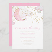 ピンクガールオーバーザムーンベビーシャワー招待状 招待状 (正面/裏面)