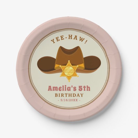 ピンクガールカウボーイワイルドウエストウェスタンバースデーパーティー ペーパープレート (正面)
