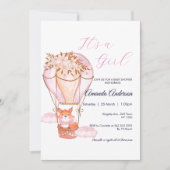 ピンクガールキツネバルーンベビーシャワー招待状 招待状 (正面)