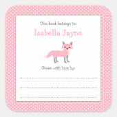 ピンクガールキツネ蔵書票スクエアステッカー スクエアシール (正面)